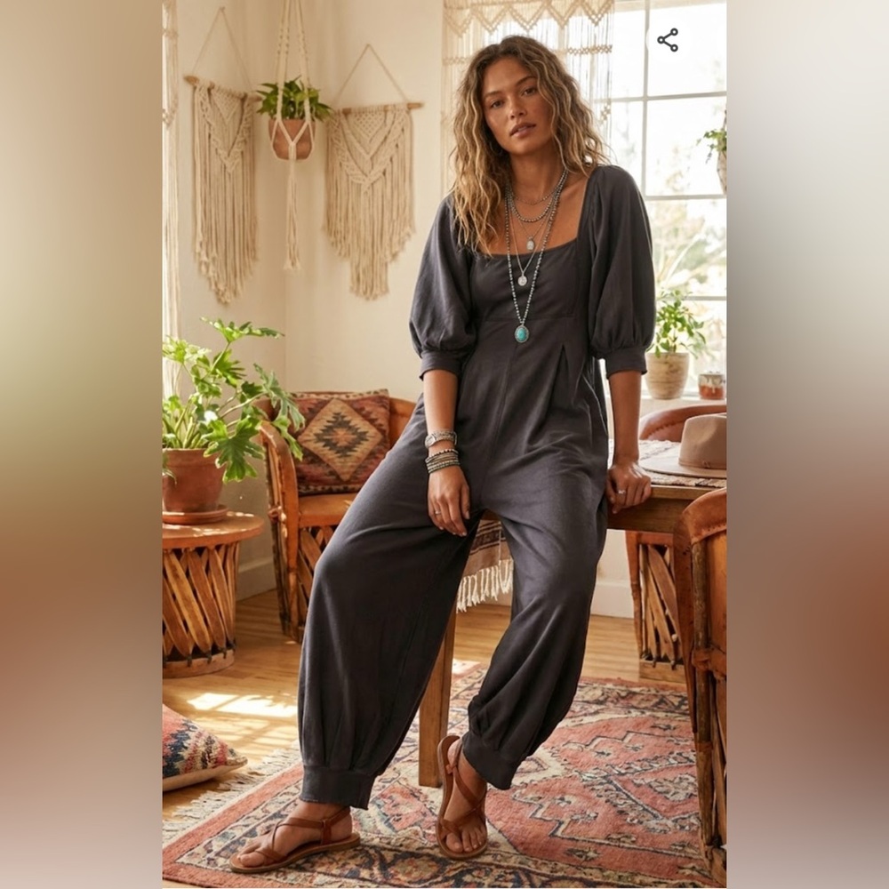 Free People Charcoal Gray Balloon Sleeve Jumpsuit